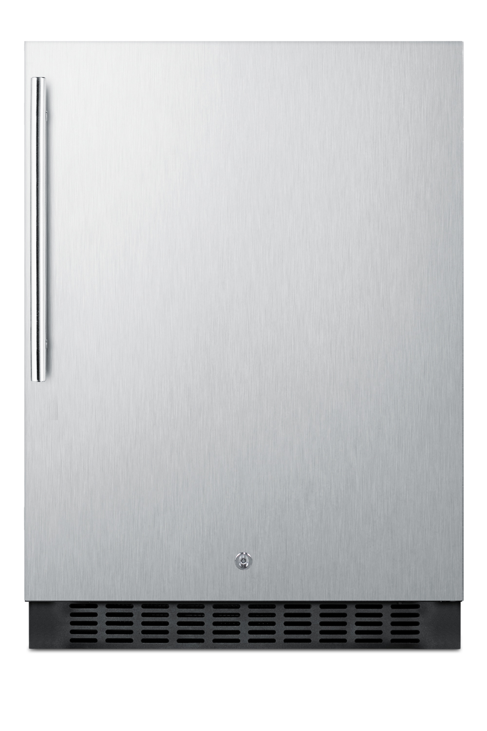 Outdoor all-refrigerator for built-in use, with lock, digital thermostat, thin handle, and stainless steel wrapped exterior